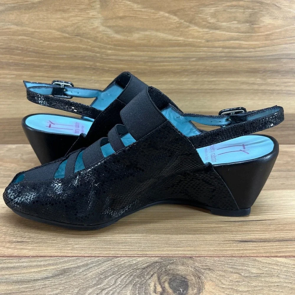 Thierry Rabotin Womens 9 EU 39 Peep Toe Wedge Heels Black Suede Made In Italy